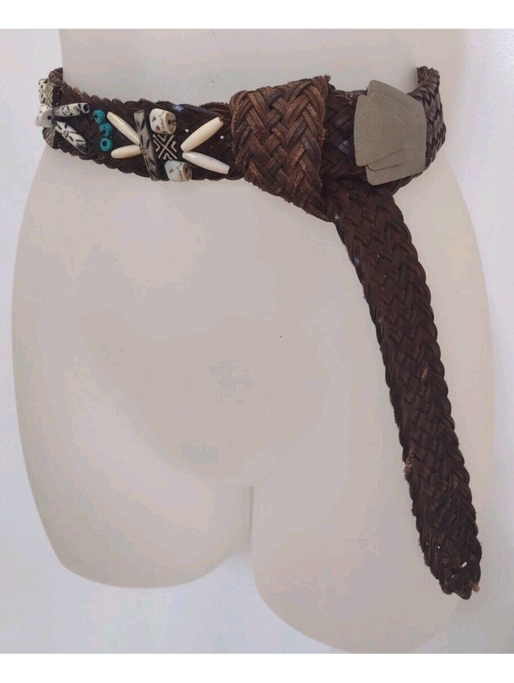 Vintage Artisan Braided Leather Belt Beaded Boho Statement Brown 43 Inch